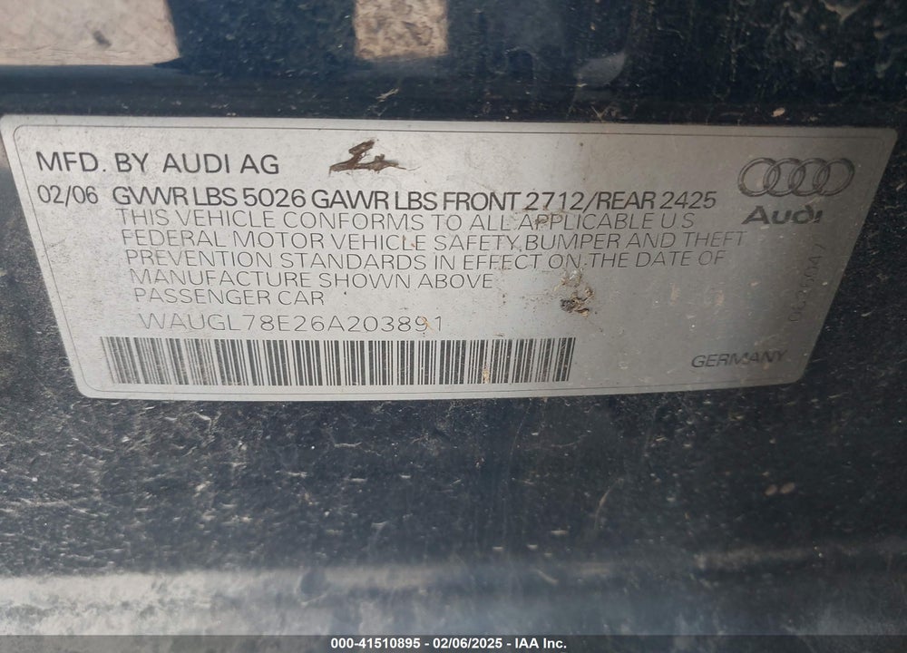 2006 AUDI S4 4.2 VIN: WAUGL78E26A203891