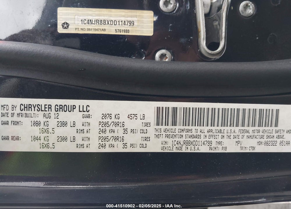 2013 JEEP PATRIOT SPORT VIN: 1C4NJRBBXDD114799