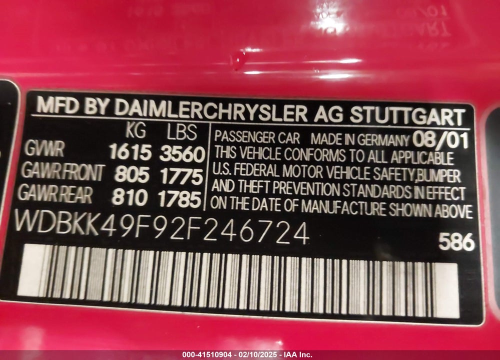 2002 MERCEDES-BENZ SLK 230 KOMPRESSOR VIN: WDBKK49F92F246724