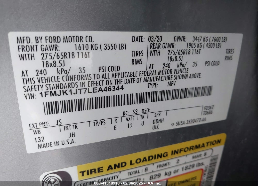 2020 FORD EXPEDITION VIN: 1FMJK1JT7LEA46344