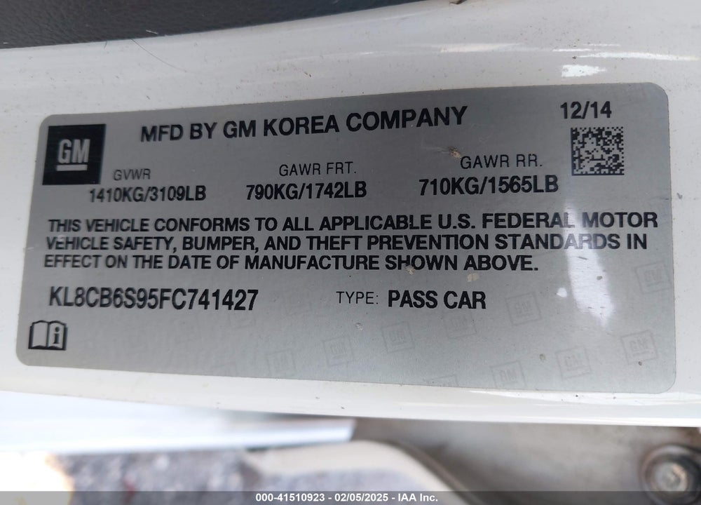 2015 CHEVROLET SPARK VIN: KL8CB6S95FC741427
