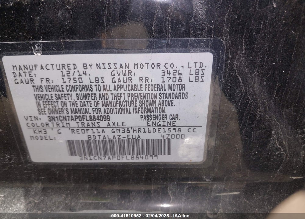 2015 NISSAN VERSA VIN: 3N1CN7AP0FL884099