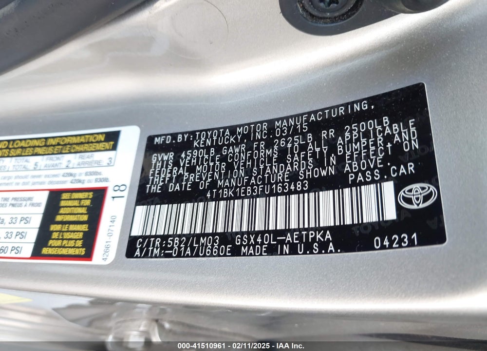 2015 TOYOTA AVALON LIMITED VIN: 4T1BK1EB3FU163483
