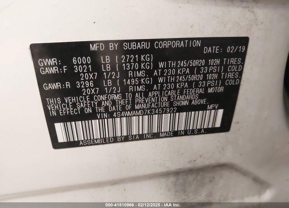 2019 SUBARU ASCENT LIMITED VIN: 4S4WMAMD7K3457922