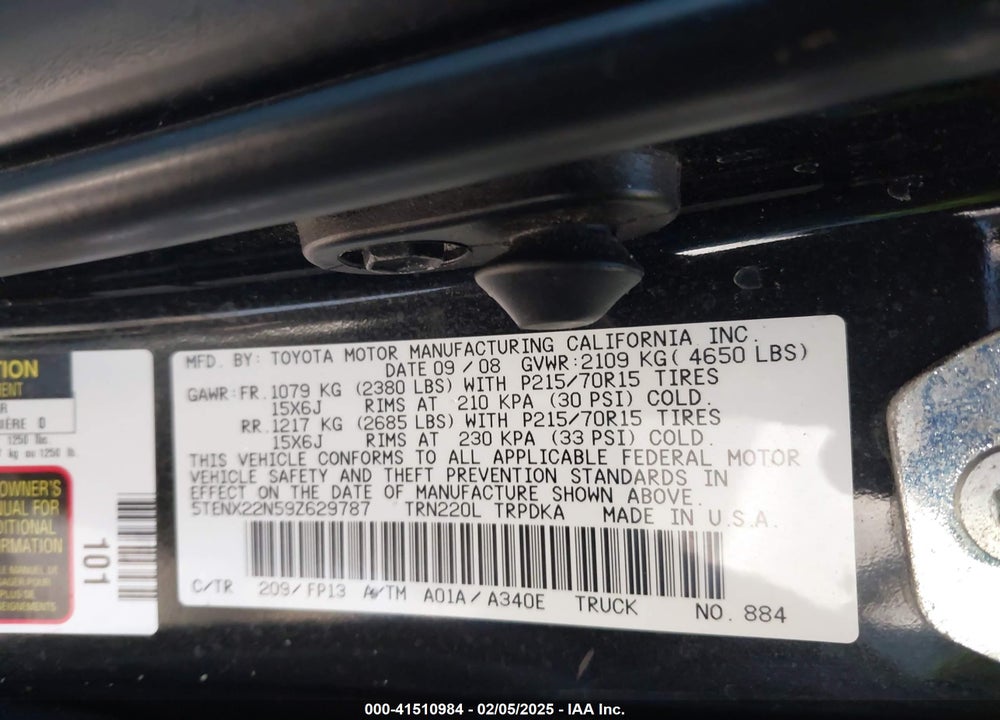 2009 TOYOTA TACOMA VIN: 5TENX22N59Z629787