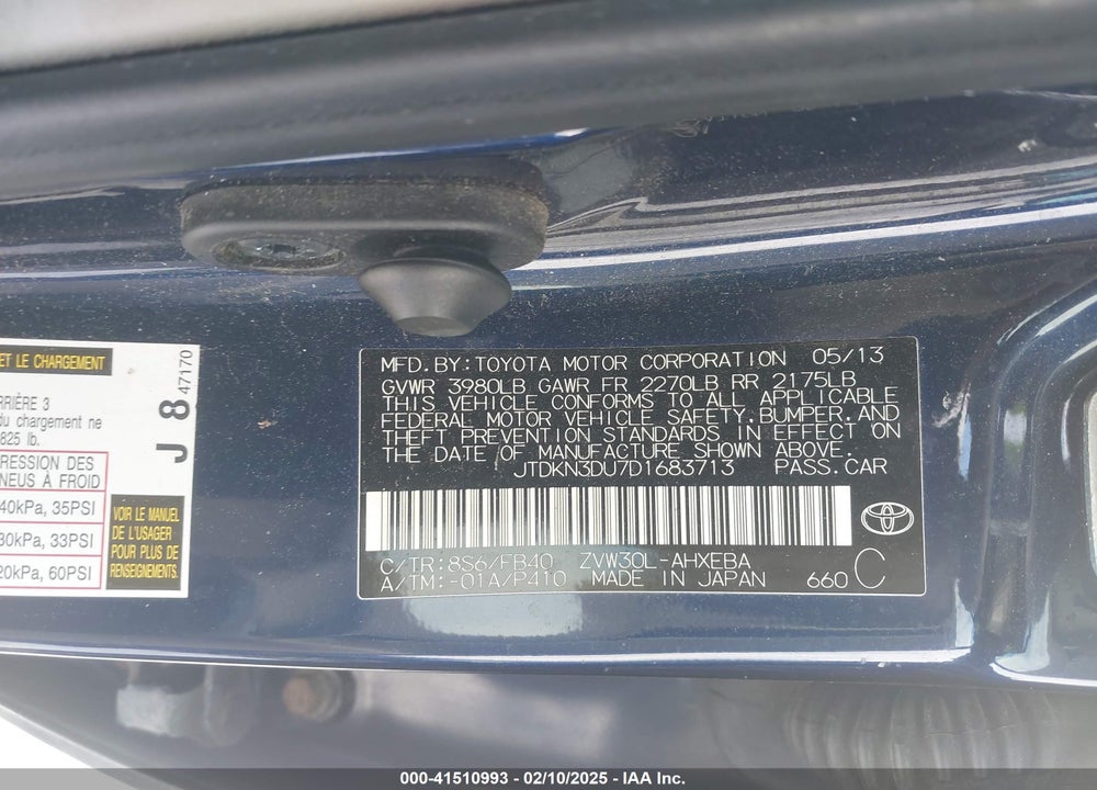 2013 TOYOTA PRIUS VIN: JTDKN3DU7D1683713