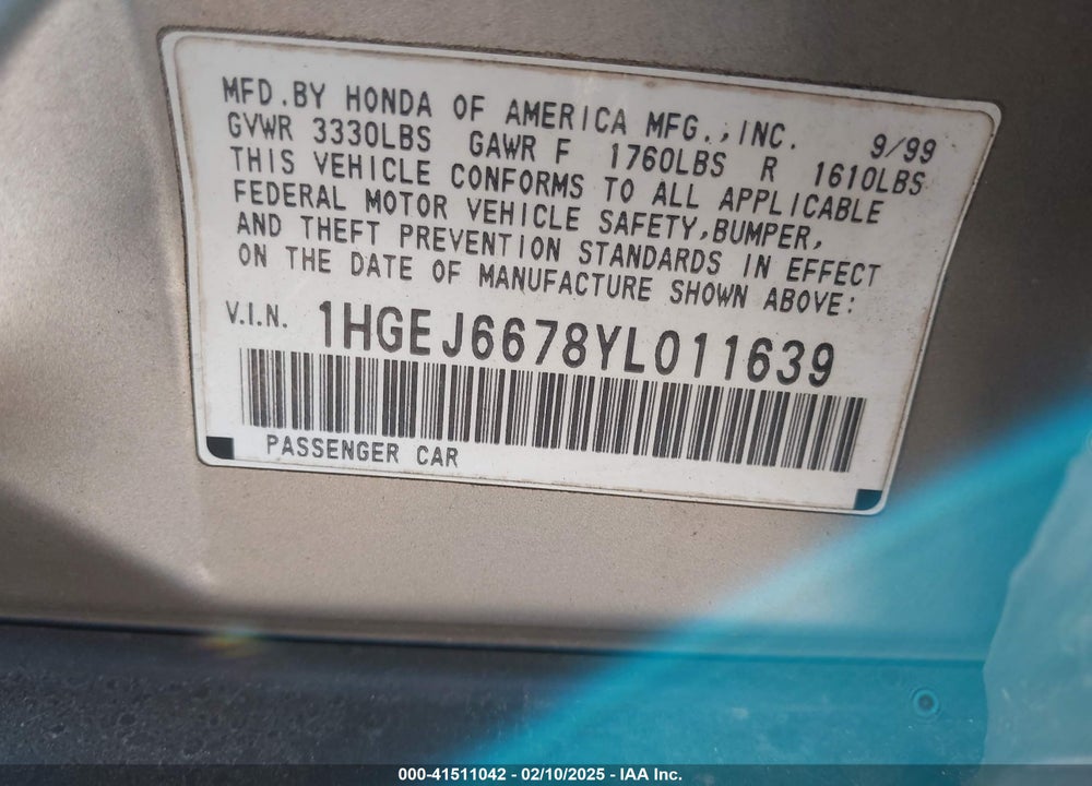 2000 HONDA CIVIC LX VIN: 1HGEJ6678YL011639