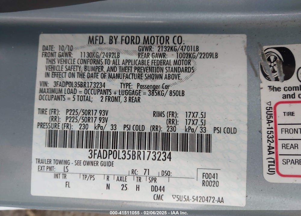 2011 FORD FUSION HYBRID VIN: 3FADP0L35BR173234
