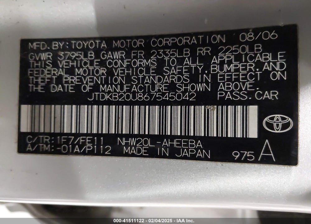 2006 TOYOTA PRIUS VIN: JTDKB20U867545042