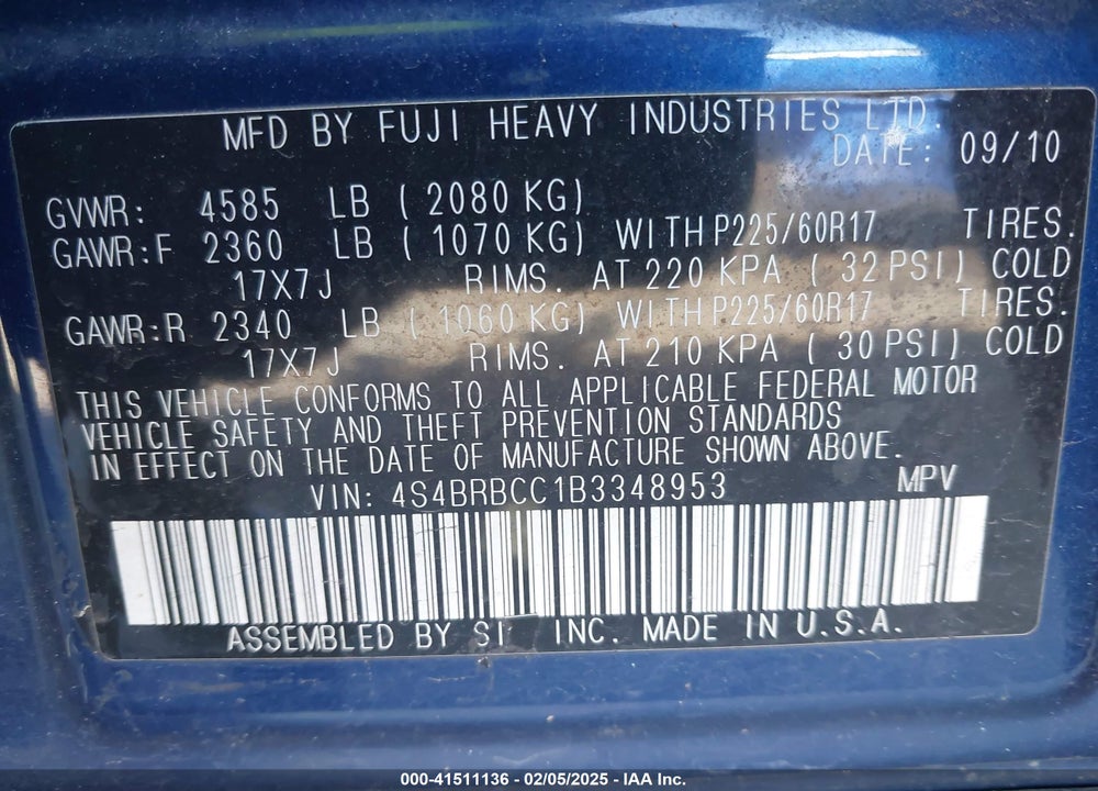 2011 SUBARU OUTBACK 2.5I PREMIUM VIN: 4S4BRBCC1B3348953