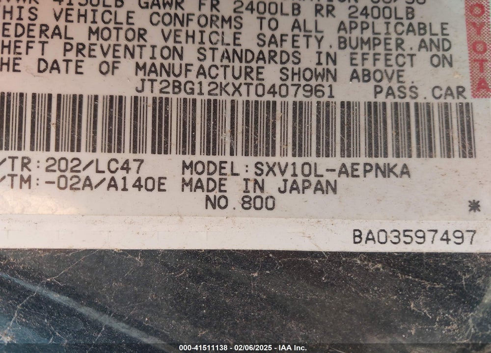1996 TOYOTA CAMRY DX/LE/XLE VIN: JT2BG12KXT0407961
