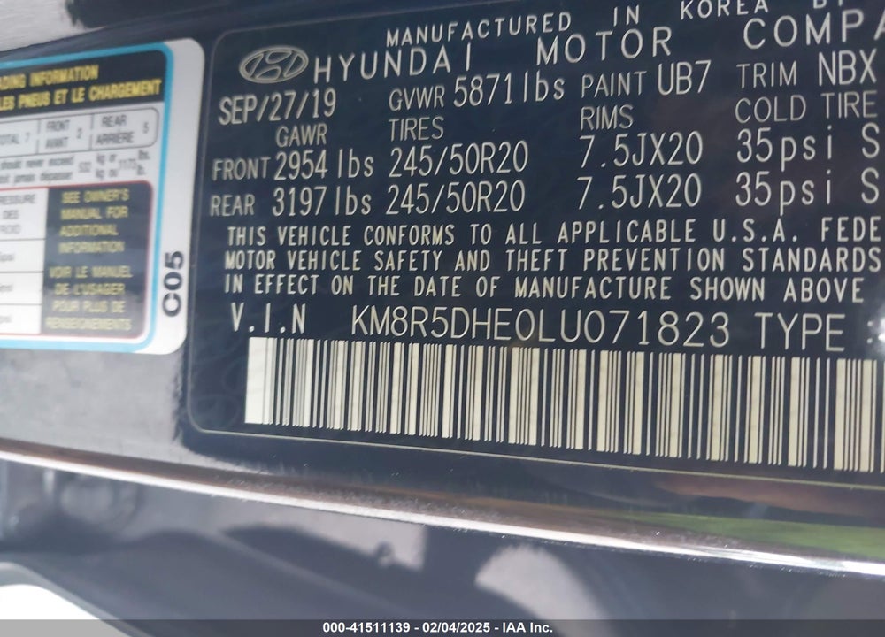 2020 HYUNDAI PALISADE LIMITED VIN: KM8R5DHE0LU071823