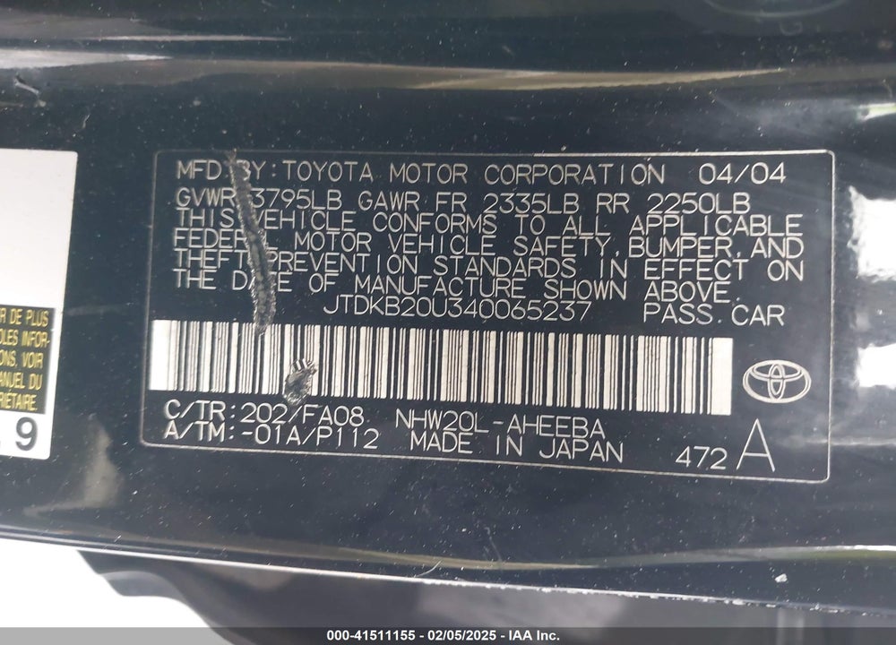 2004 TOYOTA PRIUS VIN: JTDKB20U340065237