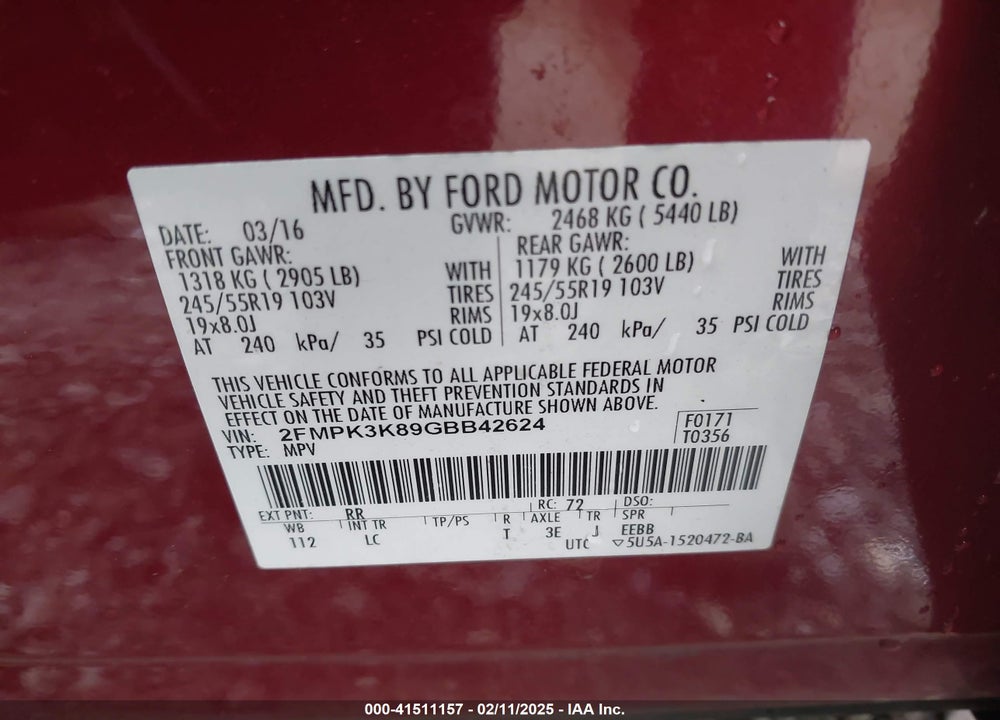 2016 FORD EDGE VIN: 2FMPK3K89GBB42624