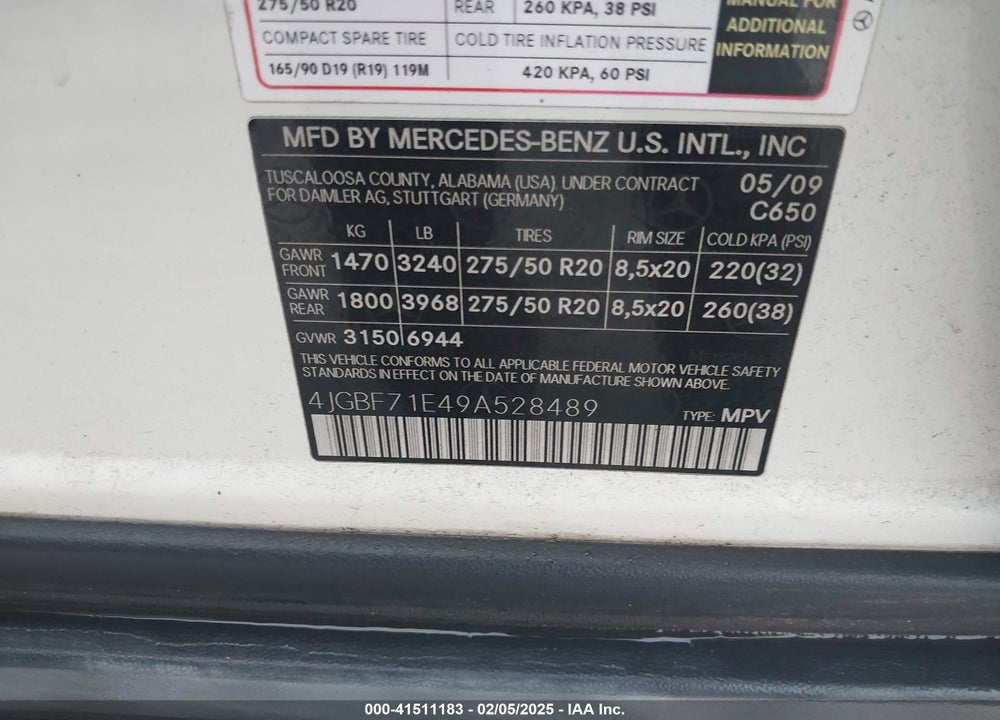 2009 MERCEDES-BENZ GL 450 4MATIC VIN: 4JGBF71E49A528489