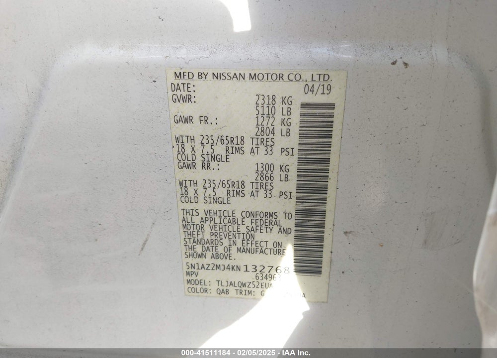 2019 NISSAN MURANO VIN: 5N1AZ2MJ4KN132768