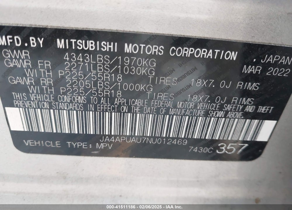 2022 MITSUBISHI OUTLANDER SPORT 2.0 BE 2WD/2.0 ES 2WD/2.0 LE 2WD/2.0 S 2WD VIN: JA4APUAU7NU012469