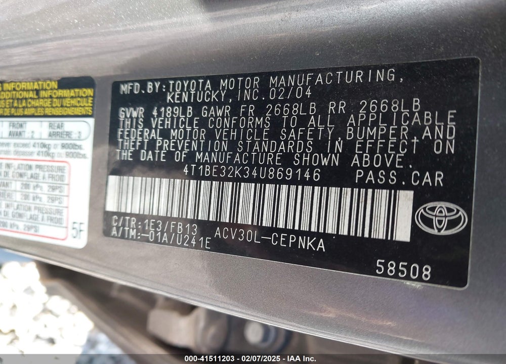 2004 TOYOTA CAMRY LE VIN: 4T1BE32K34U869146