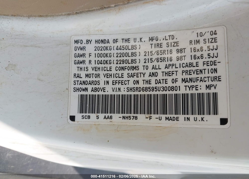 2005 HONDA CR-V VIN: SHSRD68595U300801