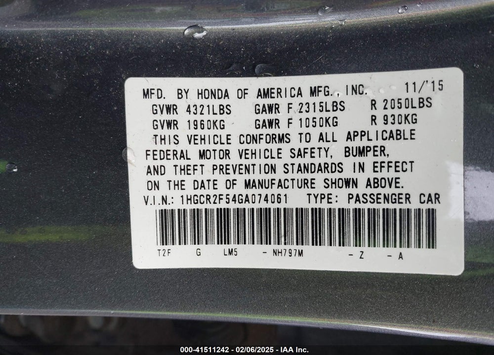 2016 HONDA ACCORD VIN: 1HGCR2F54GA074061