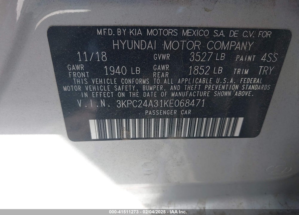 2019 HYUNDAI ACCENT VIN: 3KPC24A31KE068471