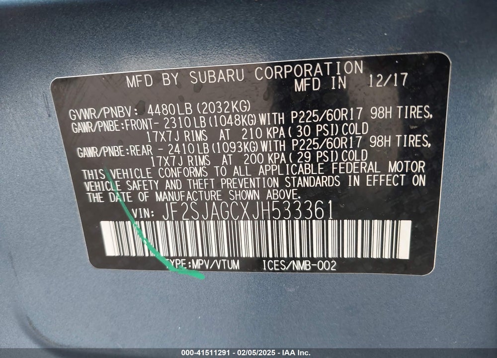 2018 SUBARU FORESTER 2.5I PREMIUM VIN: JF2SJAGCXJH533361