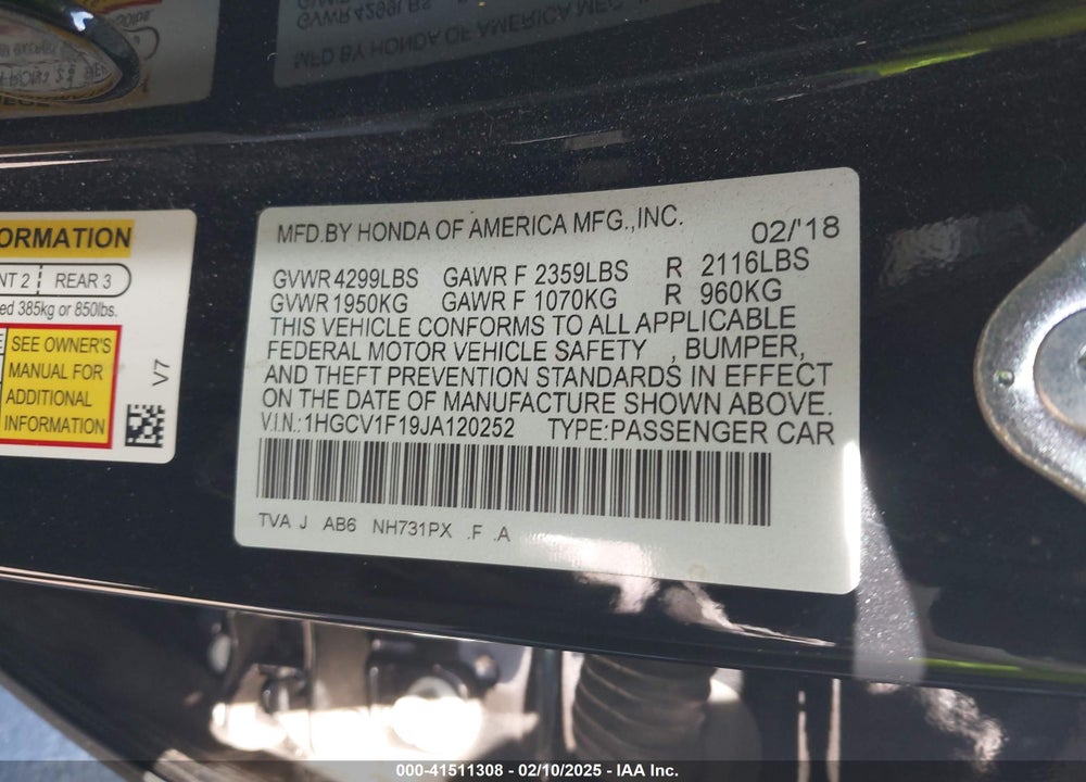 2018 HONDA ACCORD VIN: 1HGCV1F19JA120252