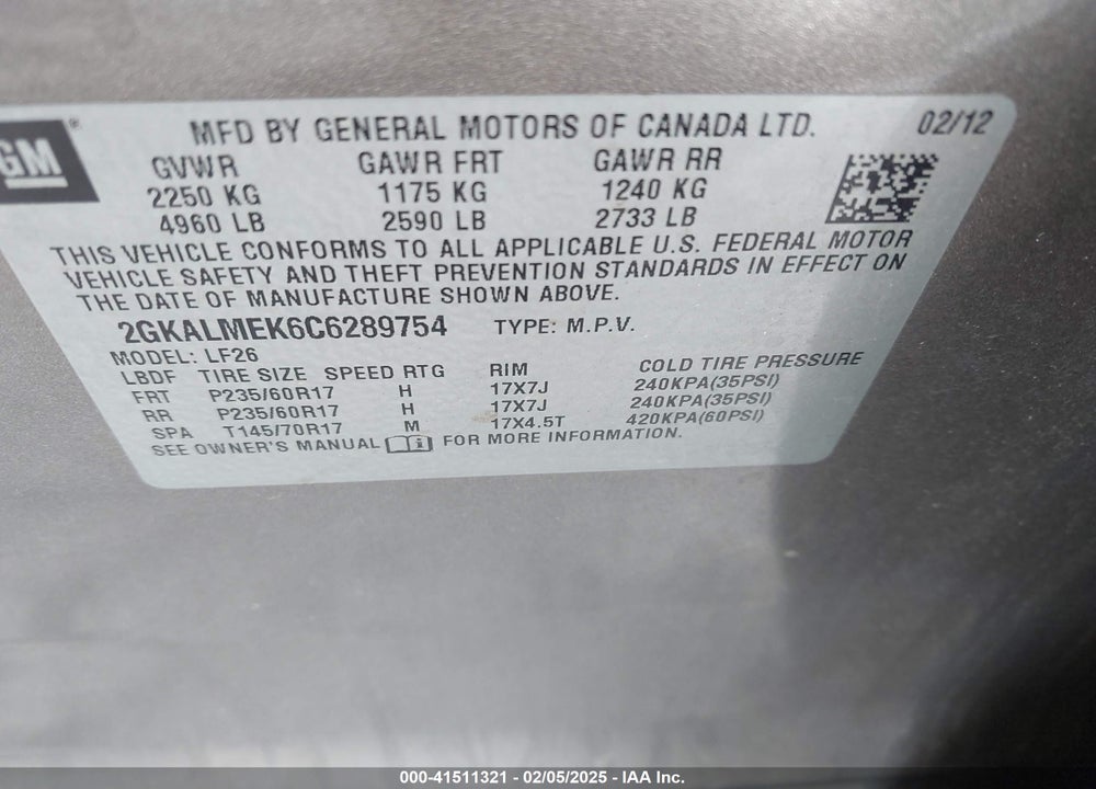 2012 GMC TERRAIN SLE-1 VIN: 2GKALMEK6C6289754