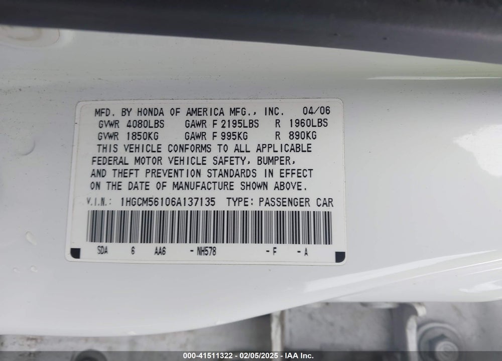 2006 HONDA ACCORD 2.4 VP VIN: 1HGCM56106A137135