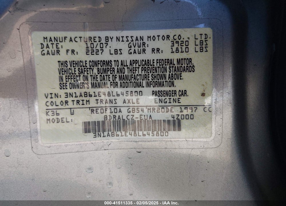 2008 NISSAN SENTRA VIN: 3N1AB61E48L645800
