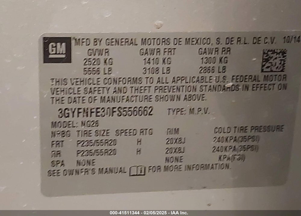 2015 CADILLAC SRX PERFORMANCE COLLECTION VIN: 3GYFNFE30FS556662