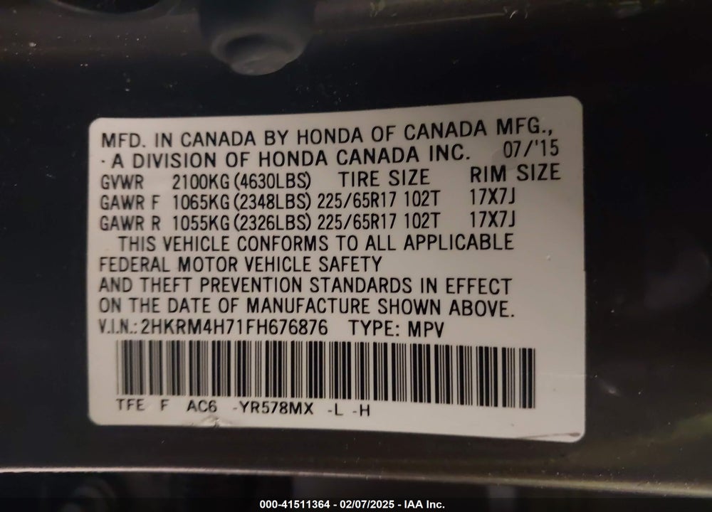 2015 HONDA CR-V VIN: 2HKRM4H71FH676876