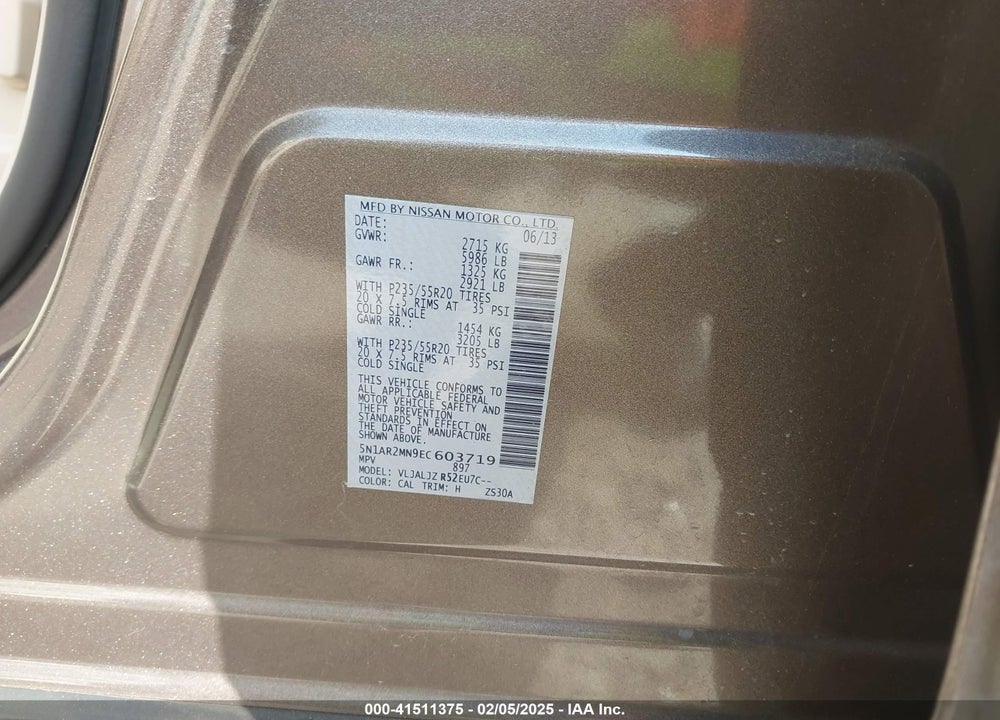 2014 NISSAN PATHFINDER PLATINUM VIN: 5N1AR2MN9EC603719
