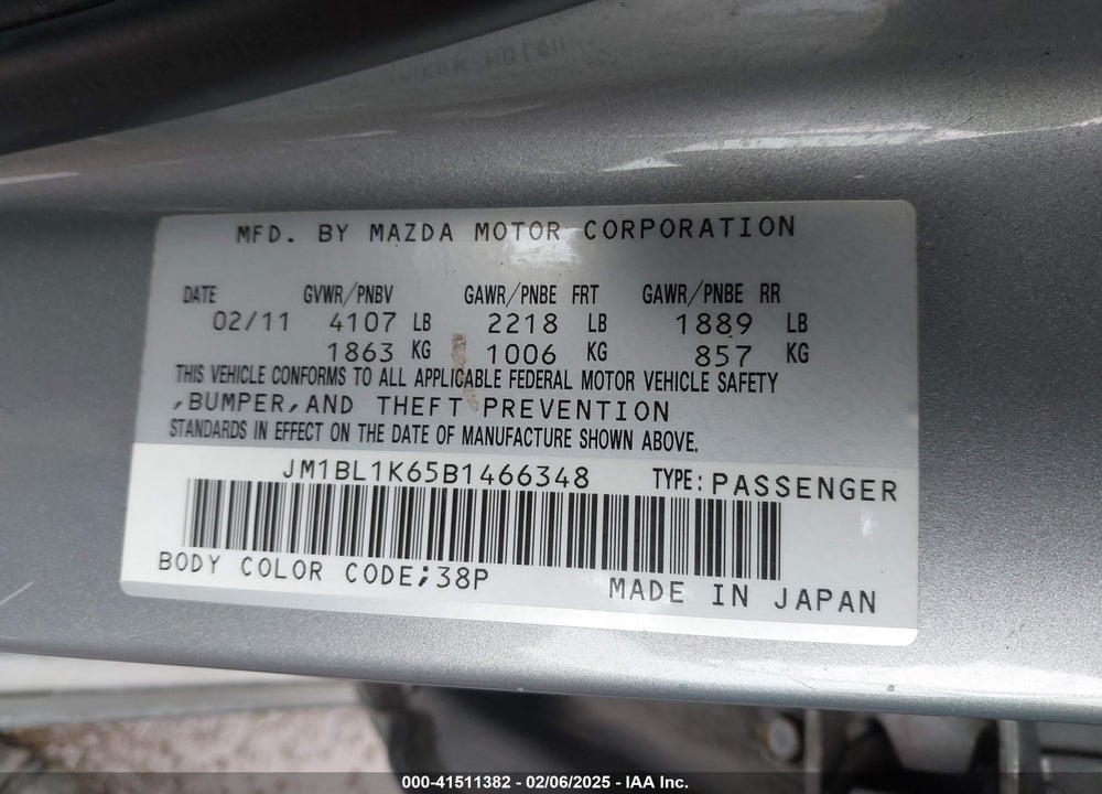 2011 MAZDA MAZDA3 VIN: JM1BL1K65B1466348