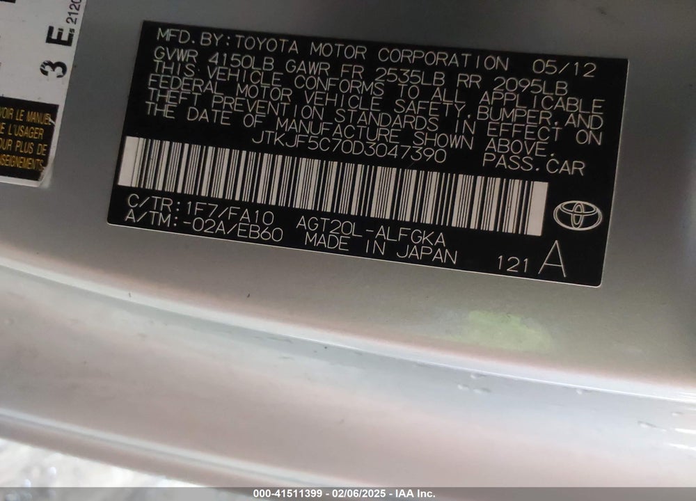 2013 SCION TC VIN: JTKJF5C70D3047390