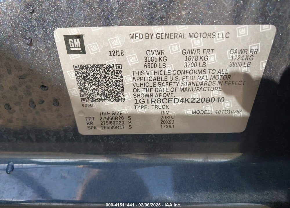 2019 GMC SIERRA 1500 VIN: 1GTR8CED4KZ208040