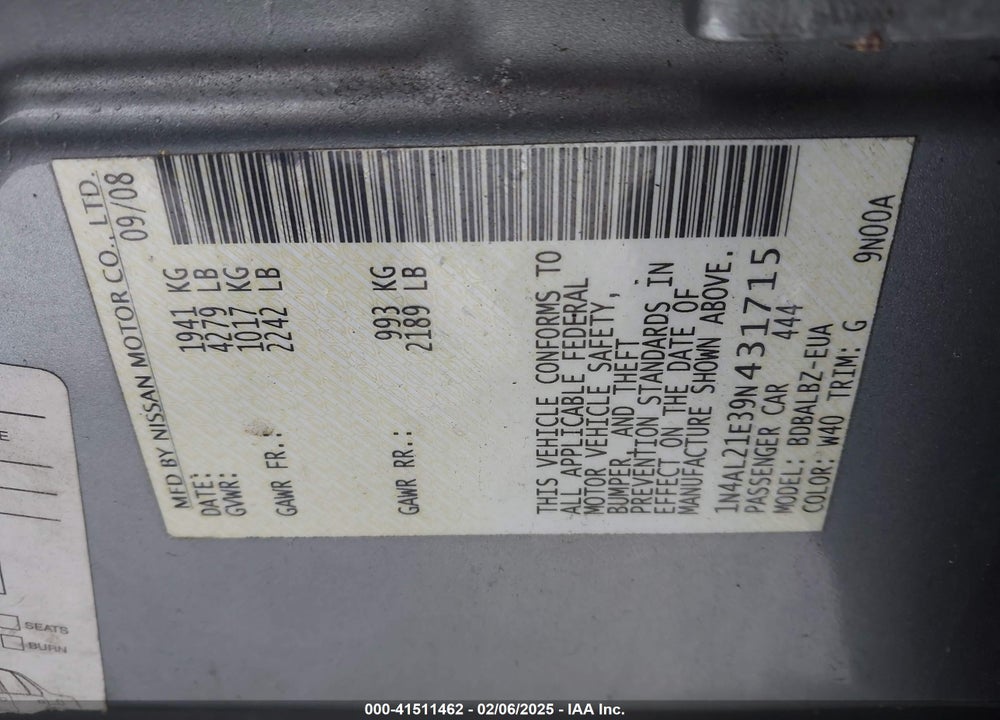 2009 NISSAN ALTIMA 2.5 S VIN: 1N4AL21E39N431715