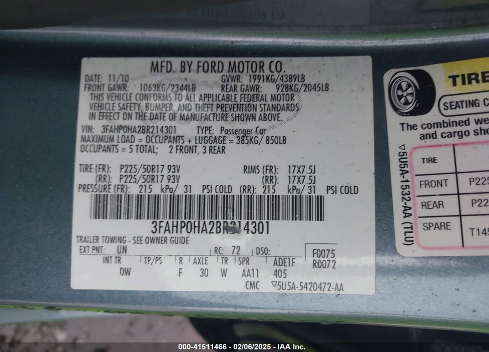 2011 FORD FUSION SE VIN: 3FAHP0HA2BR214301