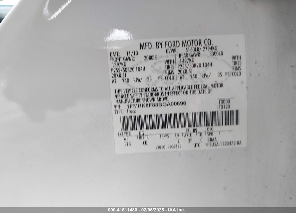 2011 FORD EXPLORER LIMITED VIN: 1FMHK8F88BGA00696
