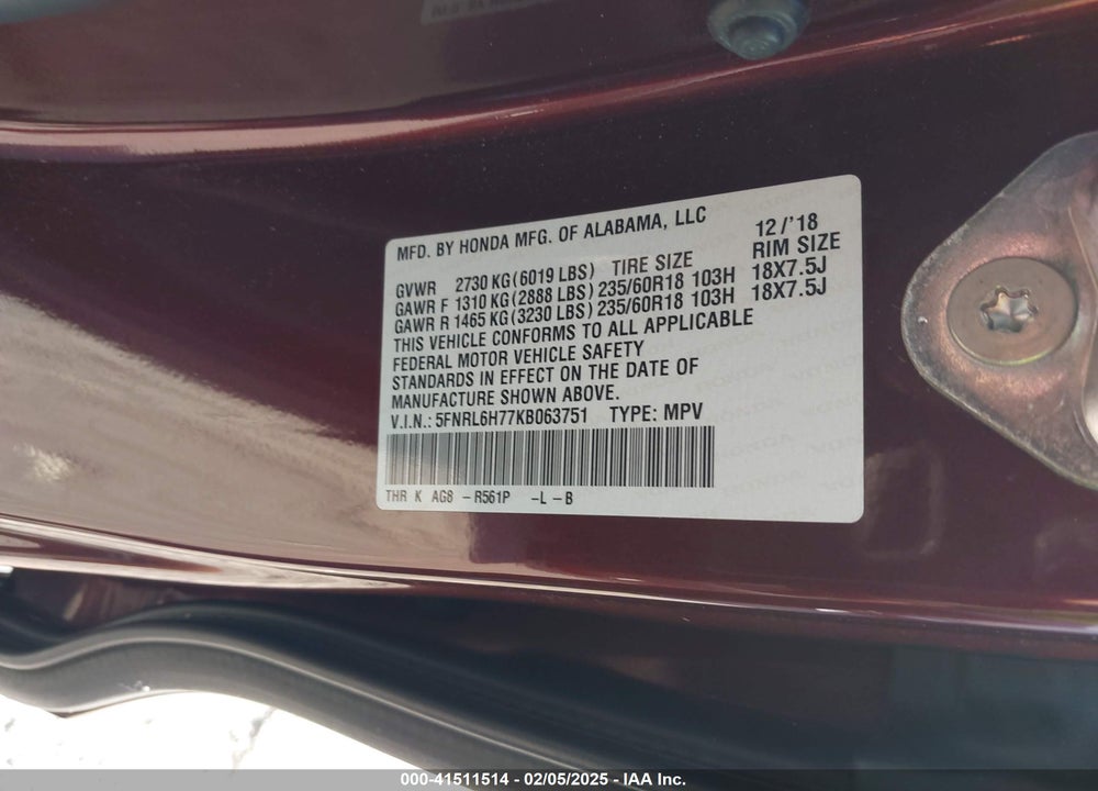 2019 HONDA ODYSSEY EX-L VIN: 5FNRL6H77KB063751