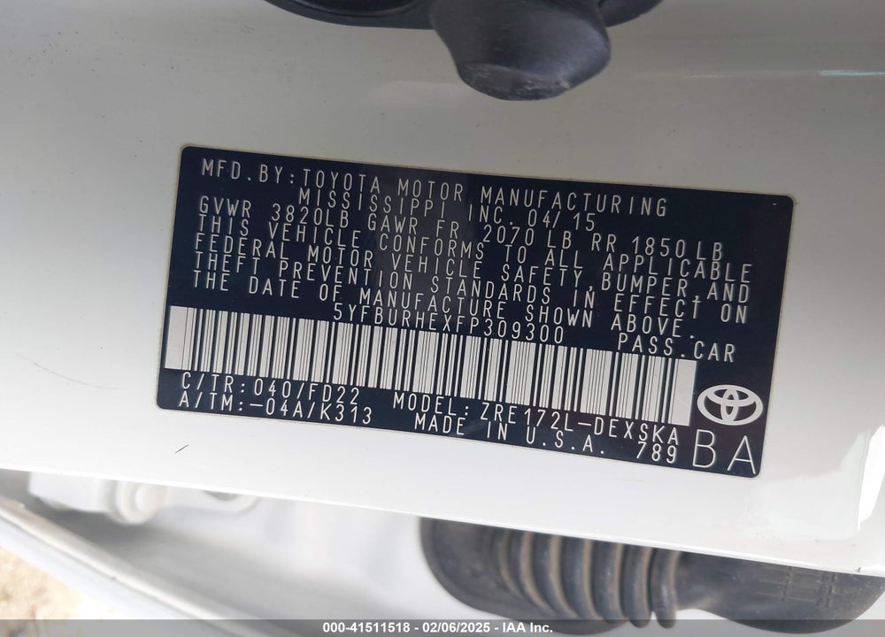 2015 TOYOTA COROLLA S PLUS VIN: 5YFBURHEXFP309300