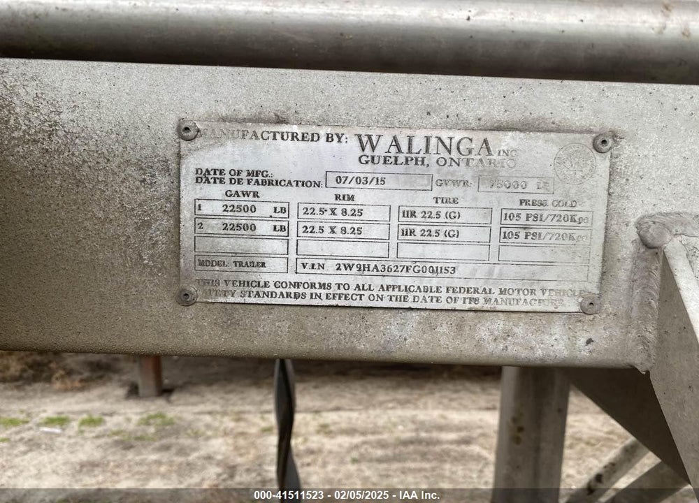 2015 WALLINGA TANKER TRAILER VIN: 2W9HA3627FG001153
