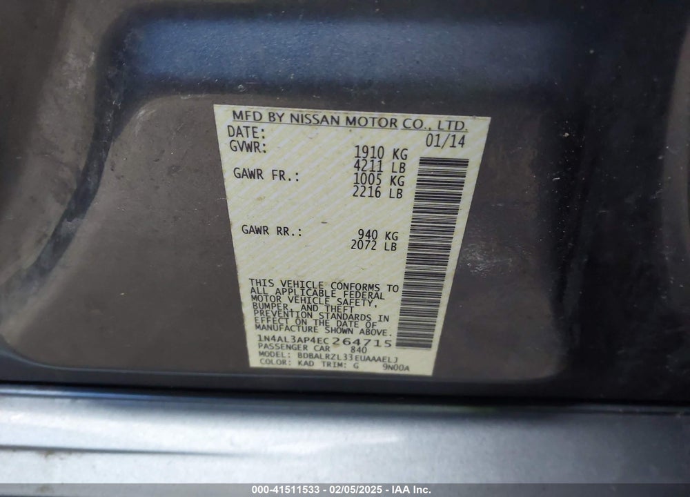 2014 NISSAN ALTIMA VIN: 1N4AL3AP4EC264715