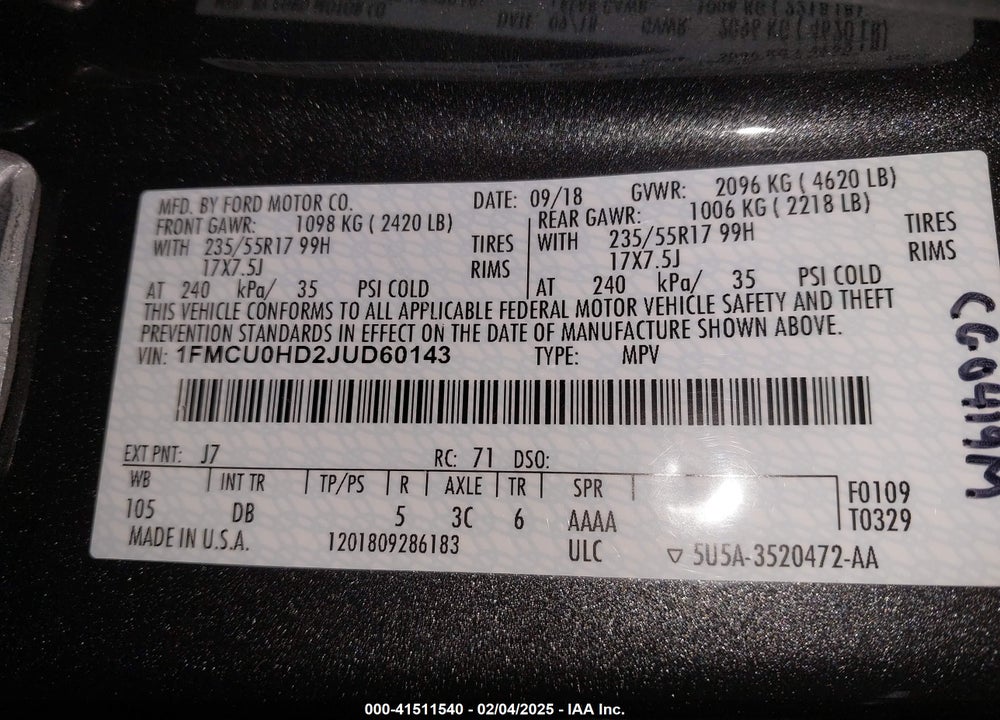 2018 FORD ESCAPE SEL VIN: 1FMCU0HD2JUD60143