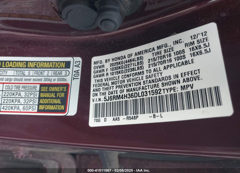 2013 HONDA CR-V LX VIN: 5J6RM4H36DL031592