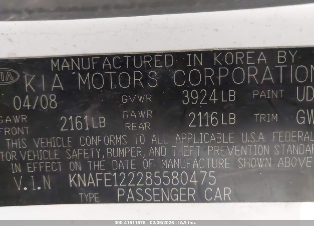 2008 KIA SPECTRA EX VIN: KNAFE122285580475