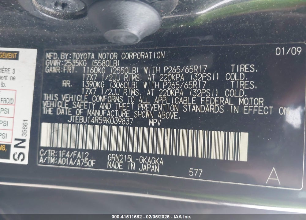 2009 TOYOTA 4RUNNER SR5 V6 VIN: JTEBU14R59K039837