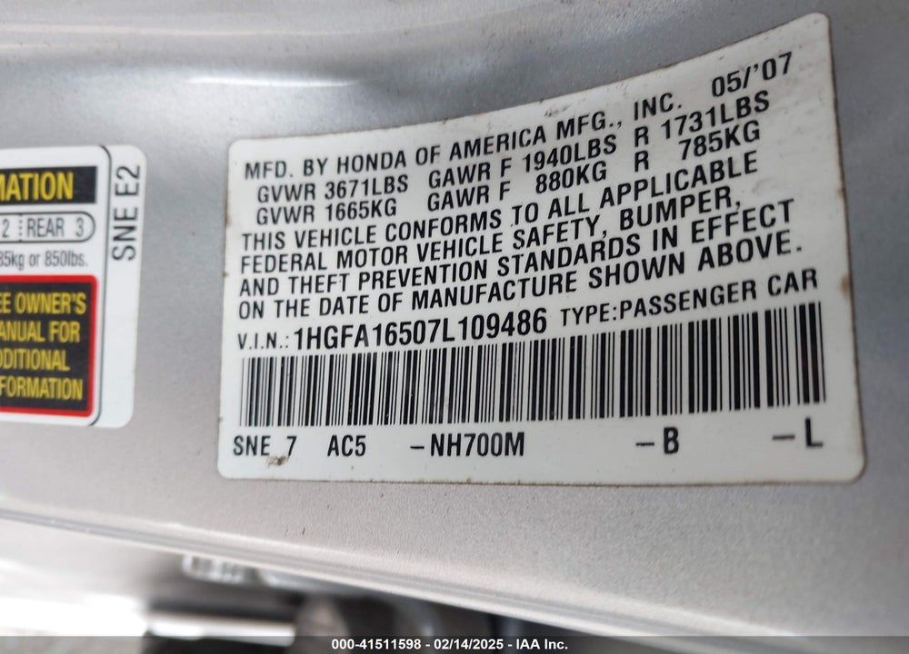 2007 HONDA CIVIC LX VIN: 1HGFA16507L109486