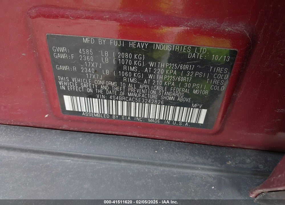 2014 SUBARU OUTBACK 2.5I VIN: 4S4BRCAC5E3242826