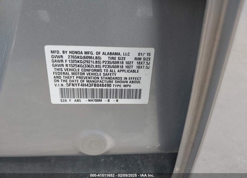 2015 HONDA PILOT VIN: 5FNYF4H43FB048490